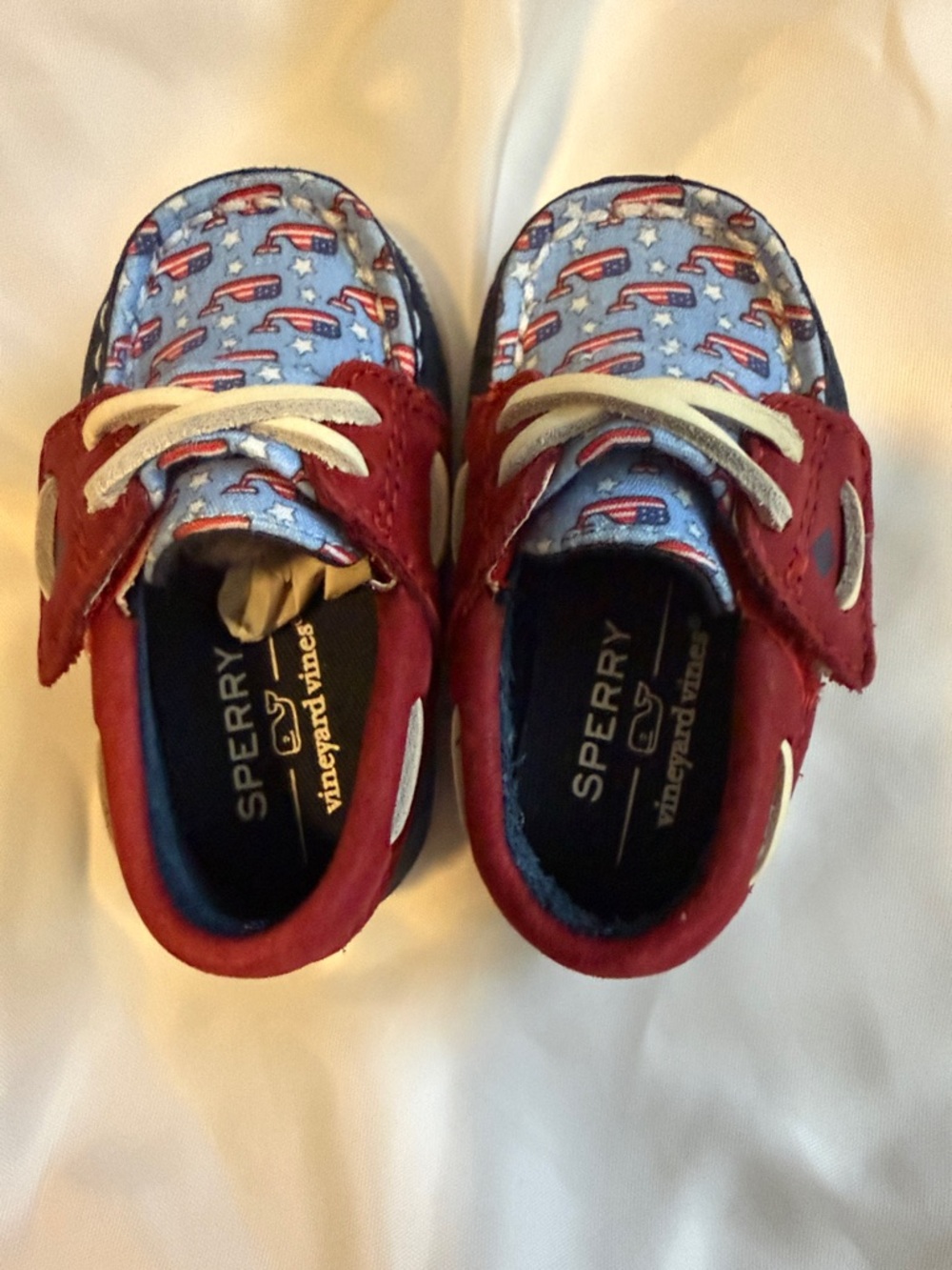 Sperry and Vineyard Vines Red Suede  Baby Moccasins with patriotic whales Size 2